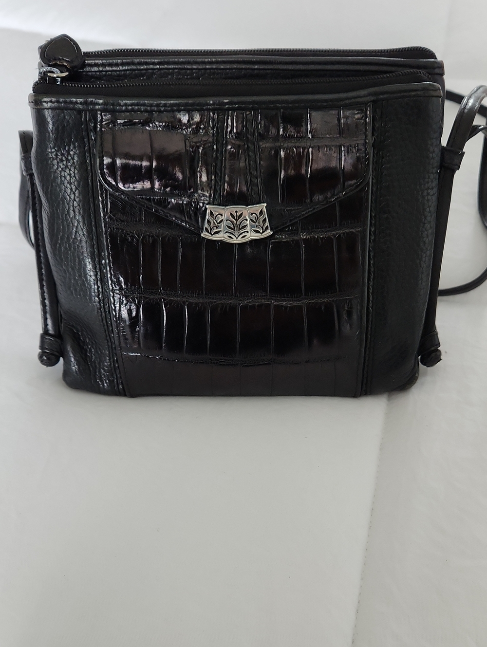 Brighton Black Croc-Texture Leather Crossbody